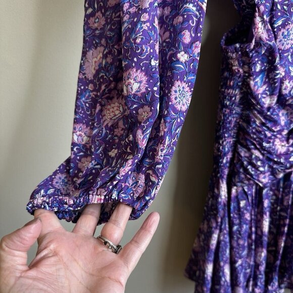 Maje Floral Mini Dress Size 38 UK 10 $445 Purple Georgette Smocked Cut Out Boho - Picture 10 of 16